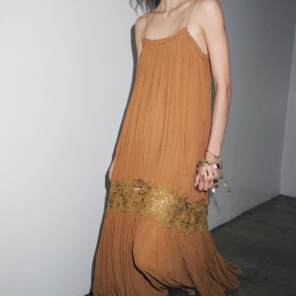 NWT Zara Accordion Textured Lace Slip Dress with Lace Band In Caramel Brown - M
